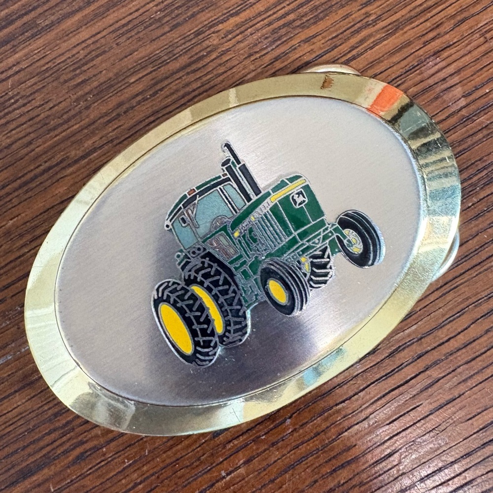 Vintage John Deere Tractor Oval Belt Buckle Farm Western Brass Tone Buckle